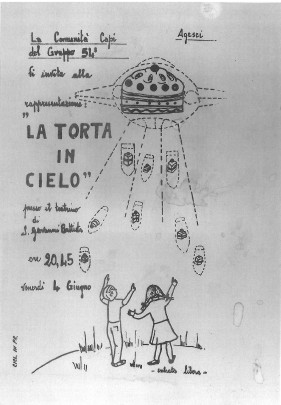 Locandina della torta in cielo tratto dall'omonimo libro di Gianni Rodari